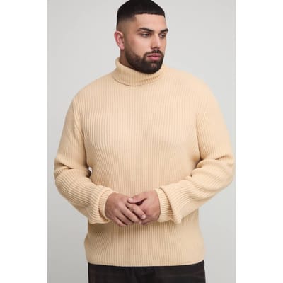 Plus Essential Regular Fit Ribbed Roll Neck Jumper | Sand | Size 2XL
