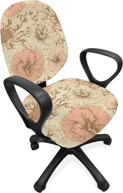 ABAKUHAUS Floral Bureaustoel Sliphoes, Exotische Hibiscusplant, Decoratieve Beschermhoes gemaakt van rekstof, Koraalbruin