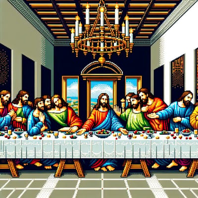 Pixel art laatste avondmaal schilderij | Digitale interpretatie van het iconische laatste avondmaal in pixels | Kunst - 30x30 centimeter op Canvas | Foto op Canvas