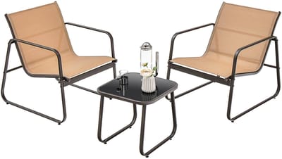 COSTWAY 3-delige tuinmeubelset, balkonset met 2 stoelen en tafel, balkonmeubels met ademende stof, terrasmeubels, tuingarnituur, zitgroep voor terras, balkon, tuin (bruin)
