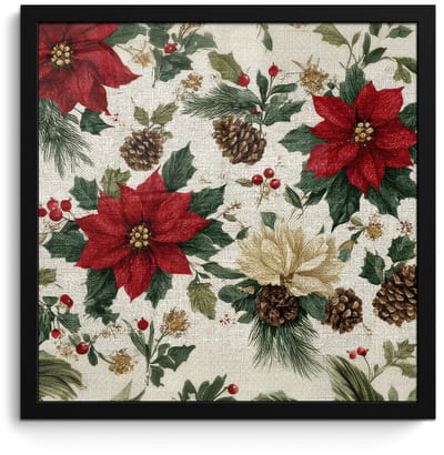 Poster in lijst - Fotolijst 40x40 cm - Posters - Feestelijk - Textielpatroon - Kerstbloemen - Kleurrijk - Posterlijst zwart - Decoratie - Wanddecoratie woonkamer - Muurdecoratie slaapkamer - Kerstversiering - Kerstdecoratie voor binnen - Kerstmis