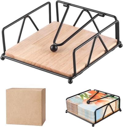 Houten Servettenhouder met Gewogen Spanningarm - Stijlvolle Metalen Stand voor Keuken, Restaurant en Buitengebruik (18 x 18 x 8 cm)