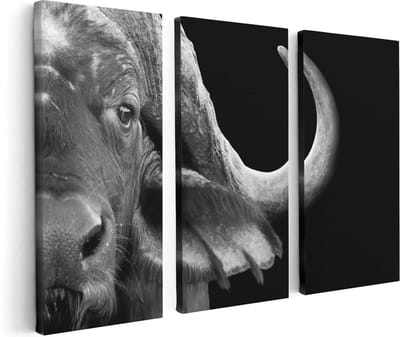 Artaza Canvas Schilderij Drieluik Buffel - Buffelkop - Zwart Wit - 120x80 cm - Wanddecoratie Woonkamer - Schilderijen - Muurdecoratie