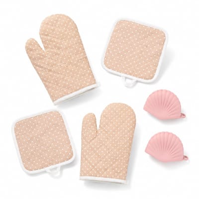 Ovenhandschoenen & Pannenlappen Set Roze met Stippen, 6-delig met Ovenhandschoenen Schelphandschoenen Pannenlappen voor Keuken Oven Magnetron