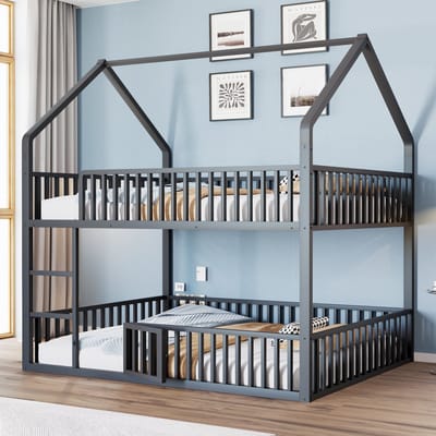DESMIU Metalen Huisbed 140x200cm – Stapelbed Met Trap En Deurtje – Veilig Opbergbed Voor Kinderen En Gezin – Robuust Metaal – Zwart – Zonder Matras