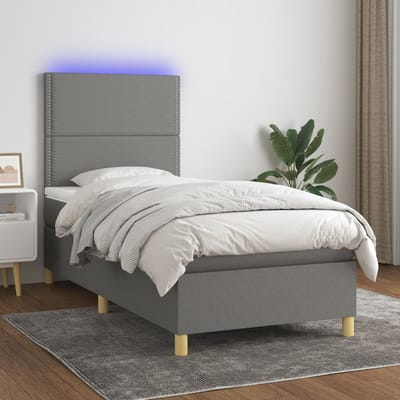 vidaXL - Boxspring - met - matras - en - LED - stof - donkergrijs - 90x190 - cm