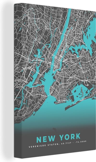 Canvas Schilderij New York - Stadskaart - Blauw - Plattegrond - Kaart - 20x30 cm - Wanddecoratie