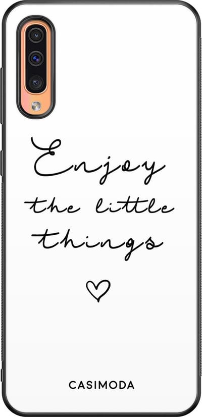 Casimoda® hoesje - Geschikt voor Samsung Galaxy A50 - Enjoy Life - Zwart TPU Backcover - Tekst - Wit