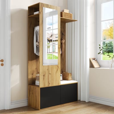 DESMIU Garderobeset - Met Spiegel En Schoenopberging - Voor Hal En Entree - MDF In Zwart En Naturel - 100x38x191 Cm