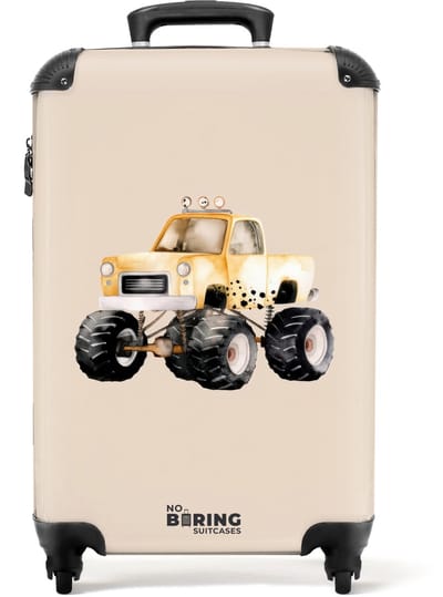 NoBoringSuitcases.com® - Kinderkoffer jongen - Kindertrolley jongens - Gele monstertruck op een beige achtergrond - Handbagage koffer lichtgewicht - Reiskoffer trolley kinderen - Rolkoffer met wieltjes - Past binnen 55x40x20 en 55x35x25