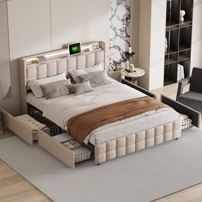 Polsterbed 160x200 met LED Verlichting & USB Stopcontact – Bedframe met 4 Opberglades – Linnen Bed Beige