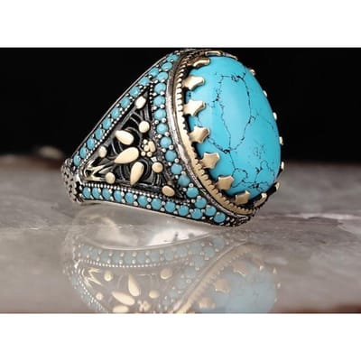 Handgemaakte Turkse Turquoise Kralen Ring Voor Mannen Vrouwen Antieke Zilverkleur Zeeblauw Rode Zirkoon Ring Islamitische Vintage Sieraden 6 -13 12 blue