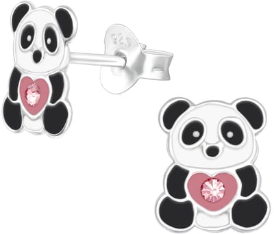 Joy|S - Zilveren panda oorbellen met hartje - 7 x 9 mm - roze kristal