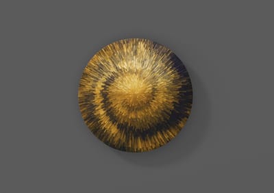 Rond Schilderij - Muurcirkel - Gouden Explosie - Abstract - Wanddecoratie print op Dibond - 40 cm