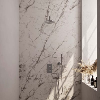 BRAUER Brushed Edition thermostatische inbouw regendouche 3-weg omstelling SET 27 met 20 cm douchekop en gebogen muurarm en staaf handdouche en doucheslang en wandaansluitbocht RVS geborsteld PVD