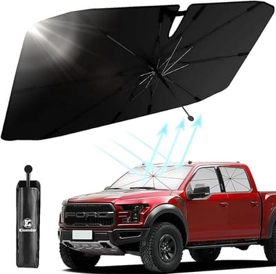 Famanu – Zonnescherm voor de auto - upgrade 2025 - 360° draaibaar - opvouwbare voorruit - zonwering - uv-bescherming - warmte-isolatie - eenvoudige opslag - past in de meeste auto's en SUV's - 140 x 80 cm