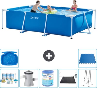 Intex Rechthoekig Frame Zwembad - 300 x 200 x 75 cm - Blauw - Inclusief Onderhoudspakket - Zwembadfilterpomp - Filter - Solar Mat - Ladder - Voetenbad - Vloertegels - 8-delig