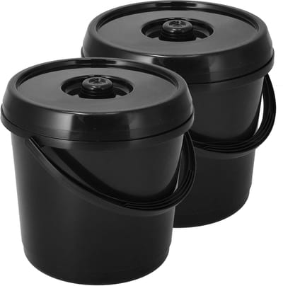 Emmer met Deksel Set van 2 - 14 Liter elk – Kunststof Emmer met Deksel en Handvaten - Zwarte Emmers Deksel Antislip – Binnen & Buiten Gebruik