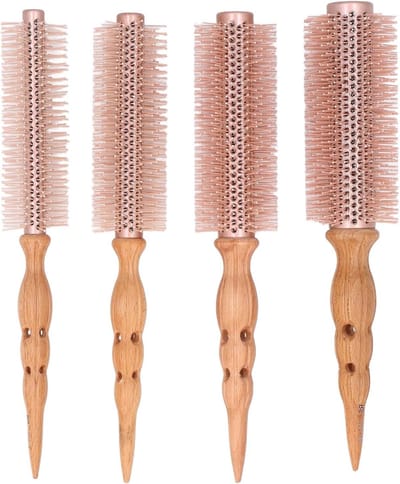 Ronde Haarstyling Borstel Set, 4 Stuks Harenrollers met Houten Handvat, Draagbare en Veelzijdige Borstel voor Thuis en Op Reis, Perfect voor Krullen en Volume
