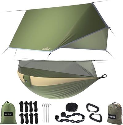 Camping Hangmat met Muskietennet en Regenzeil - Lichtgewicht Nylon Parachute voor 1 of 2 Personen - Inclusief Bevestigingsbanden