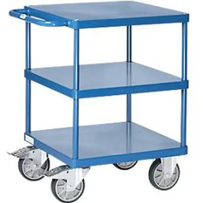 Fetra 2416B tafelwagen, tot 500 kg, 3 etages met plateaus, laadvlak L 600 x B 600 mm, TPE-banden, duwbeugel, staal, glanzend blauw