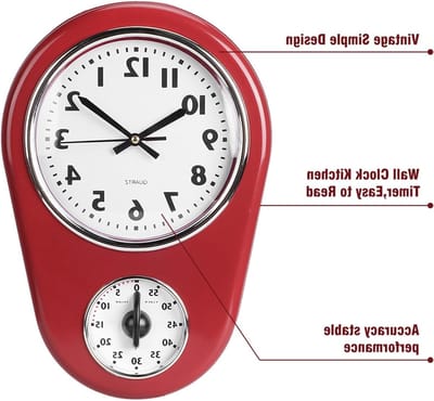 Vintage Wandklok voor de Keuken, Retro Muurklok met Timer, 21.5 x 31.5 cm, Eenvoudig Afleesbaar, 60 Minuten, Rood en Wit Design