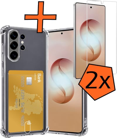 Hoes - Geschikt voor Samsung Galaxy S26 Ultra - Met 2x Screenprotector - Pashouder - Kaarthouder - Telefoon Hoesje Shockproof - Siliconen Case - Back Cover - Shock Proof - Pasjes Houder - Transparant