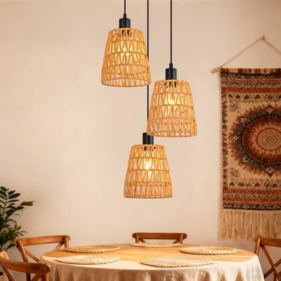NETTLIFE Hanglamp Boho Rotan - 3-lichts Handgeweven - Ø40 cm - Vintage Gevlochten Pendellamp - Papierkoord - E27 - Bohemian Verlichting voor Eetkamer Woonkamer & Slaapkamer (Zonder Lampen)