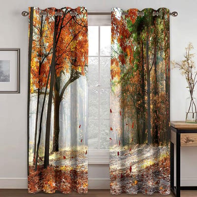 3D Bos Esdoornblad Natuurlandschap Zonsondergang Groene Bomen Design Dunne 2 Stuks Gordijnen voor Woonkamer Slaapkamer Raam Draperie Decor 50W130H(CM) 2PCS&Rod Pocket