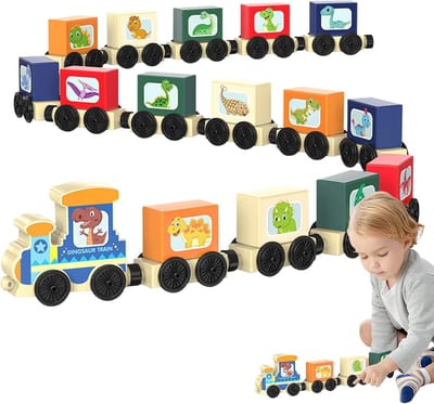 Houten Treinset - Kindertrein Speelgoed - Creatief Spelen - Magnetische Koppeling - 23 cm verpakking - Dinosaurus