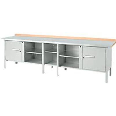 Box-type werkbank Schäfer Shop Select PWi 300-1, beuken multiplex blad, met stalen afdekking, tot 750 kg, B 3000 x D 700 x H 840 mm, lichtgrijs