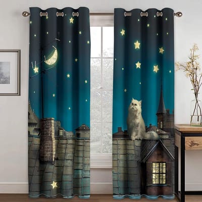 Schattige Cartoon Kat Kawaii Raamgordijnen voor Woonkamer Kinderen en Kids Cartoon Bergen Bossen Woonkamer Slaapkamer Decor 160W184H(CM)63x72in&Grommet Top