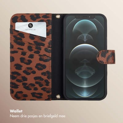 Selencia Hoesje - Geschikt voor Apple iPhone 12 Pro / 12 - Sabi Bookcase met panterprint - Mocha Brown