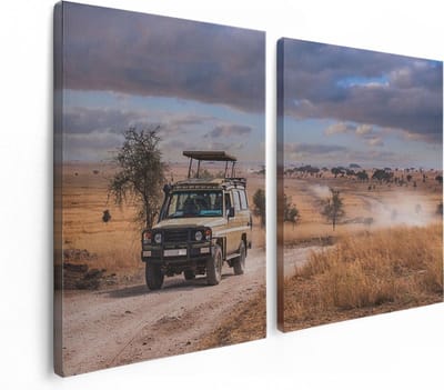 Artaza Canvas Schilderij Tweeluik Safari Auto in de Savanne - 120x80 - Foto Op Canvas - Canvas Print