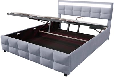 Gestoffeerd bed van 180 x 200 cm, met ledverlichting, lattenbodem, hydraulisch verstelbaar eenpersoonsbed, bekleed met Nederlands fluweel, grijs.