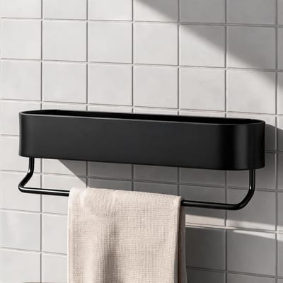 Duurzame doucheplank 38 cm van aluminium met shampoo-houder en handdoekstang, ideaal voor badkamer en sauna, met afvoergat en stijlvolle zwart afwerking