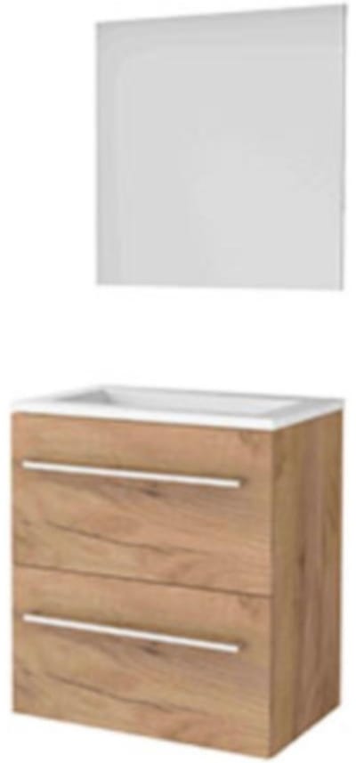 Basic-Line Ultimate 39 Badkamermeubelset - Ondiep - 60 x 39 cm - Met Grepen - 2 Lades - Acryl Wastafel - Zonder Kraangat - Spiegel met Indirecte LED Verlichting - Whisky Oak