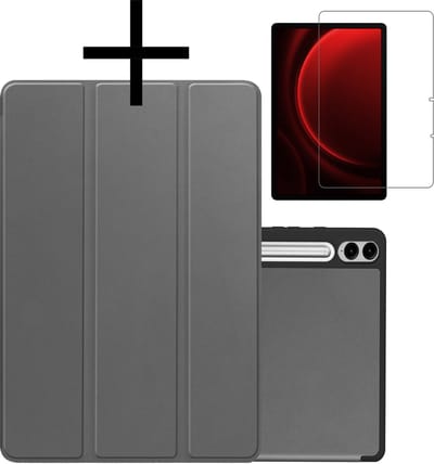 Hoes - Geschikt voor Samsung Galaxy Tab S9 FE Plus - Met Screenprotector - Trifold Bookcase - Hard Cover Case - Met Uitsparing Geschikt voor S Pen - Hardcover Book - Tablet Hoesje - Grijs