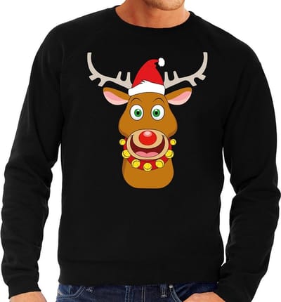 Foute kersttrui / sweater met Rudolf het rendier met rode kerstmuts zwart voor heren - Kersttruien S