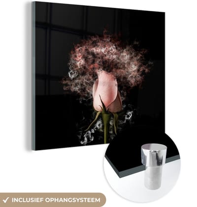 MuchoWow® Glasschilderij 20x20 cm - Schilderij acrylglas - Rozen - Bloemen - Rook - Roze - Foto op glas - Schilderijen