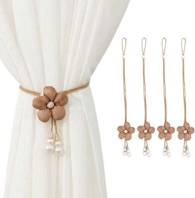 Gordijnbinders Set van 4 Stukken - Sierlijke Parelbloem-Gordijnbinders met Gespssluiting - Koffiekleurige Decoratieve Gordijnaccessoires voor Woonkamer en Slaapkamer - Geschikt voor Zware en Lichtere Gordijnen