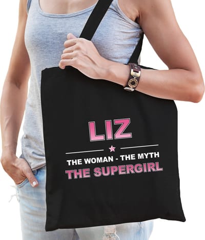 Naam cadeau Tasje voor Liz - The woman, The myth the supergirl - katoenen - zwart - verjaardag - moederdag - collega - vriendin