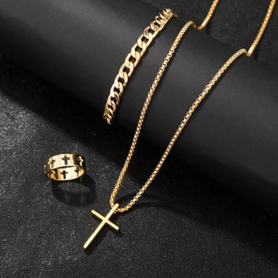 Roestvrij Staal S Sieradenset Voor Mannen Kruis Hanger Ketting Armband Ring Set Persoonlijkheid Ontwerp Accessoires Cadeaus black