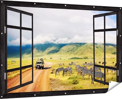 Gards Tuinposter Doorkijk Safari Auto tussen de Zebra's - 180x120 cm - Tuindoek - Tuindecoratie - Wanddecoratie buiten - Tuinschilderij