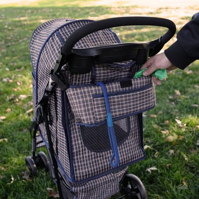 Hondenbuggy met regenhoes & organizer tas - ruitblauw - 15kg - compact