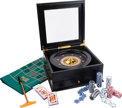 Roulette Set Compleet – Roulette Bak 36 cm met Kleed 130 x 90 cm – 200 Fiches & Croupierhark – Luxe Zwarte Houten Opbergkist – Casino Spel voor Thuis – Engelhart