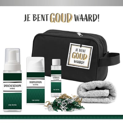 Geschenkset ''Je bent goud waard!" - 5 Producten - 500 Gram - Triomf Cosmetica | Luxe Cadeaubox voor hem Wellness Man Giftset Vriend Vader Cadeaupakket Bedankt Collega Vrijwilliger Werknemer Kerst Cadeau Verjaardag Vaderdag Kerstpakketje Groen Goud