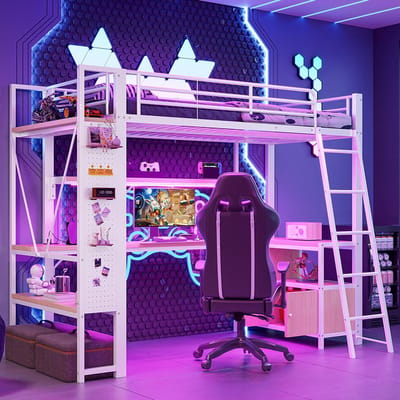 Komhtom Hoogslaper, 90 x 200 cm, stalen frame, met LED-lichtstrip, bureau, opbergruimte, meerdere planken, geperforeerd paneel, USB-poort, zonder matras, wit
