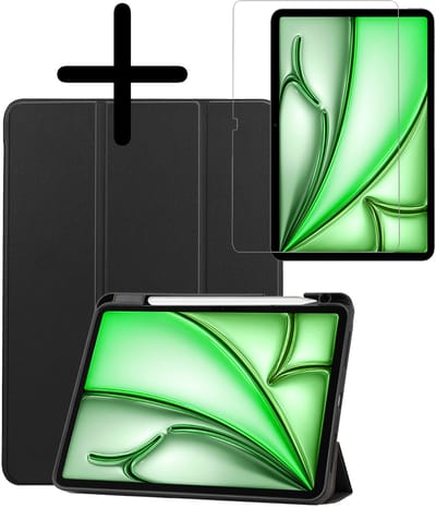 Hoesje Geschikt voor Apple iPad Air M3/M4 (2025/2026) - 11 inch - Met Screenprotector - Trifold Bookcase - Hard Cover Case - Met Uitsparing Geschikt voor Apple Pencil - Hardcover Book - Tablet Hoes - Zwart