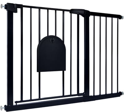 Treppenschutzgitter 105-115 cm - Zonder boren met ingebouwd Kattenluik - Automatisch sluitmechanisme & uitschuifbaar - Veiligheidsbarrière voor Huisdieren - Zwart - NAIZY